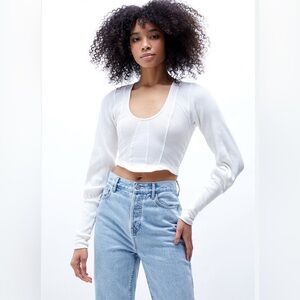 NWT Free People “Petra” long sleeve cotton seam detail white stretch crop top XS